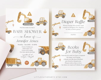 Invito per baby shower modificabile per la costruzione, baby shower per camion con lotteria di pannolini, libri per neonati e festa per la costruzione di etichette regalo CONSBS001