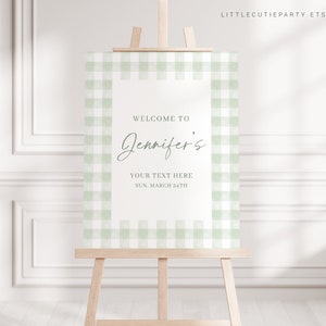 Bearbeitbares salbeigrünes Gingham-Babyparty-Willkommensschild, grünes Babypartyschild, Willkommenstafel, Willkommensvorlage Dusche Dekoration GGHBS001