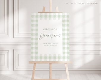 Editable Sage Green Gingham Baby Shower Welcome Sign, Green Baby Shower Sign, Welcome Board, Welcome Template Shower Decoration GGHBS001