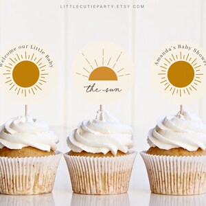 Editable Boho Sun Cake Toppers, Sunshine Cupcake Topper for Baby Shower Party SUNBS001