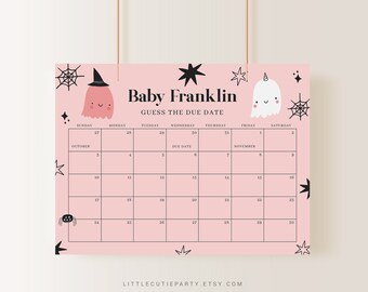 Op de afbeelding: Een roze Halloween-kalender met de tekst "Baby Franklin Guess the Due Date". De kalender heeft een raster voor oktober en november, met illustraties van geesten, sterren en spinnenwebben. Het websiteadres staat onderaan.