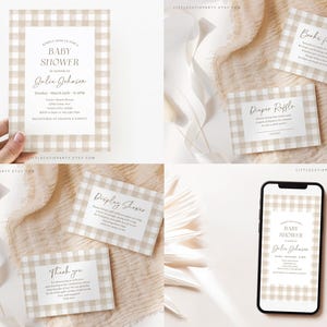 K&ouml;nnte beinhalten: Ein Satz druckbarer Babyparty-Einladungen und Karten mit einem braunen und wei&szlig;en Gingham-Muster. Die Einladungen enthalten den Text "Baby Shower" und "Julia Johanson". Die Karten enthalten den Text "B&uuml;cher f&uuml;r Baby", "Windel-Tombola", "Pr&auml;sentations-Shower" und "Danke".