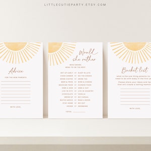 May include: Three printable cards with a sunburst design in yellow and orange. The cards are titled "Advice for the New Parents", "Would She Rather", and "Bucket List".