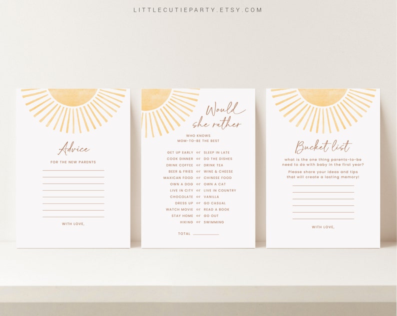 May include: Three printable cards with a sunburst design in yellow and orange. The cards are titled "Advice for the New Parents", "Would She Rather", and "Bucket List".