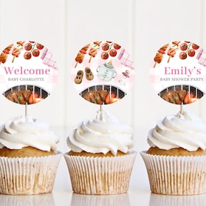 Editable Babyq Pink Cake Toppers, BBQ Baby Shower Pink Cupcake Toppers, Cake Topper Template, Baby Q Pink Stickers Decorations BBQBS003