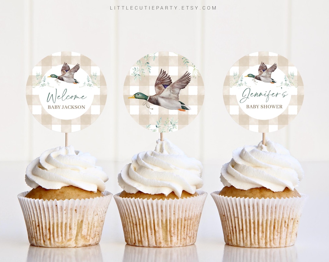 Editable Mallard Duck Cake Topper, Gingham Duck Baby Shower Boy Cupcake ...