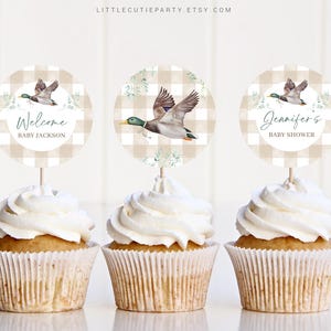 Editable Mallard Duck Cake Topper, Gingham Duck Baby Shower Boy Cupcake Toppers, for Mallard Baby Shower Decorations MALBS002
