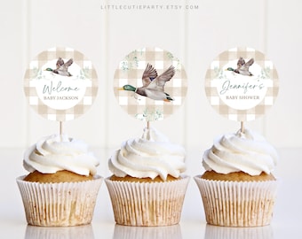 Editable Mallard Duck Cake Topper, Gingham Duck Baby Shower Boy Cupcake Toppers, for Mallard Baby Shower Decorations MALBS002