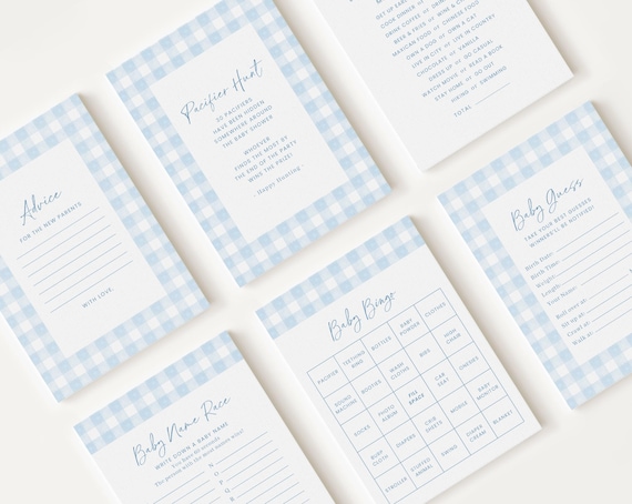 10 Editable Blue Gingham Baby Shower Games, Baby Boy Shower Games Bundle,  Blue Gingham Set Neutral Baby Shower Party Games BGHBS002