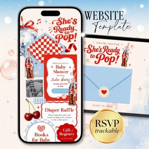 May include: A digital baby shower invitation template with a retro theme. The design features a red and white checkered pattern, cherry illustrations, and a vintage soda bottle graphic. Text includes "She's Ready to Pop!" and baby shower details.