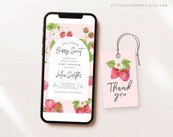 Editable Strawberry Baby Shower Evite, Electronic Invitation STRWBS001