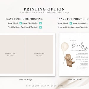 May include: A printable invitation card for a baby shower. The card features a cute cartoon bear holding a balloon with the text "We can Bearly wait" and the names "Sarah & Josh". The card is 5x7 inches and is available in a printable format.