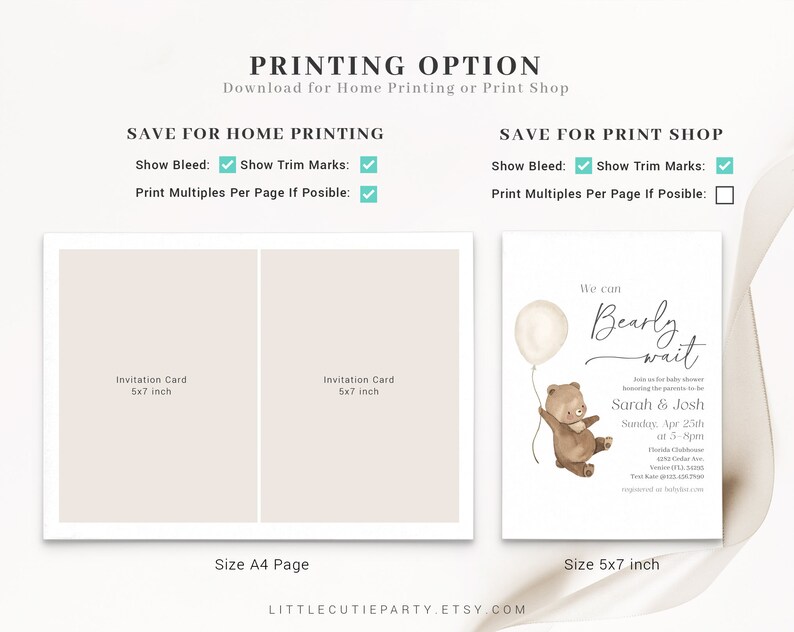 May include: A printable invitation card for a baby shower. The card features a cute cartoon bear holding a balloon with the text "We can Bearly wait" and the names "Sarah & Josh". The card is 5x7 inches and is available in a printable format.