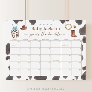 Editable Cowboy Baby Shower Calendar, Cowboy Due Date Calendar, Baby Shower Due Date Calendar Games for Shower CWBBS001