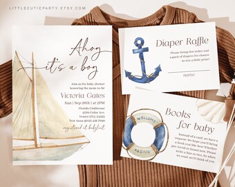 Nautical Baby Shower Invitation Set, Ahoy Its a Boy, Diaper Raffle (Editable) NAUBS001