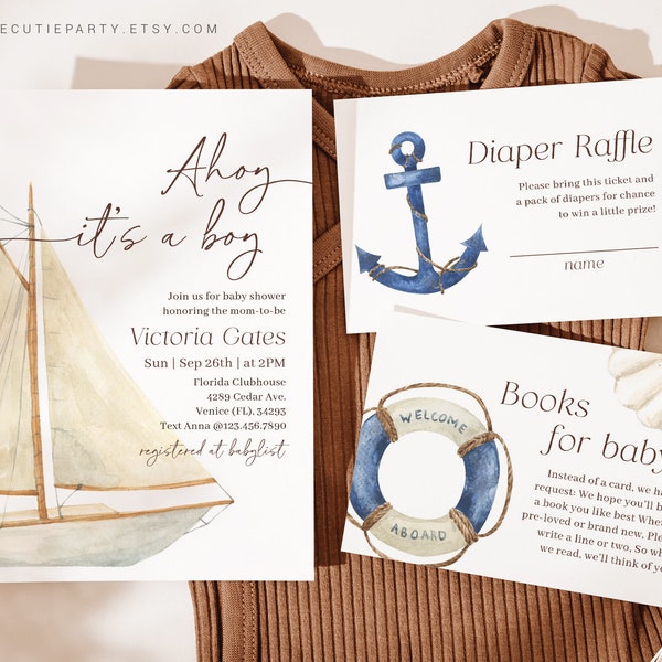 Editable Ahoy Its a Boy Baby Shower Invitation, Nautical Baby Shower Invite with Diaper Raffle, Books for Baby and Gift Tag NAUBS001
