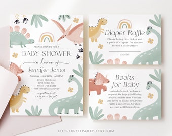 May include: A baby shower invitation with a dinosaur theme. The invitation features a green, yellow, and pink dinosaur with a rainbow and the text "Please join us for a baby shower in honor of Jennifer Jones".
