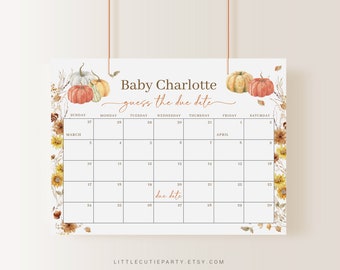 May include: A printable baby shower game with a fall theme. The game is called "Guess the Due Date" and features a calendar with pumpkins and fall foliage.