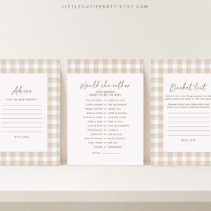 May include: Three printable baby shower game cards with a brown and white gingham pattern. The cards are titled "Advice for the New Parents", "Would She Rather", and "Bucket List".