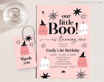 Invito di compleanno modificabile a tema fantasma, festa del primo compleanno in rosa (download digitale) LTBBD001