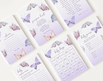 10 juegos editables de Babyshower de mariposa púrpura, paquete de juegos de baby shower, juegos de fiesta de género neutro BTFBS002
