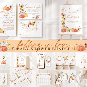 Editable Falling In Love Baby Shower Invitation Bundle, Fall Baby Shower Invitation with Games Bundle and Little Pumpkin Decoration FLLBS001