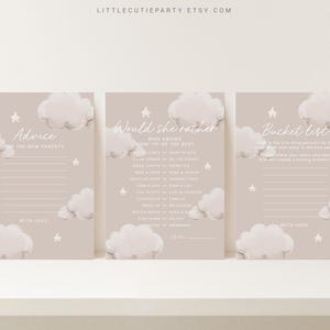 May include: Three printable baby shower game cards with a light brown background and white clouds. The cards have the titles "Advice for the New Parents", "Would She Rather" and "Bucket List".