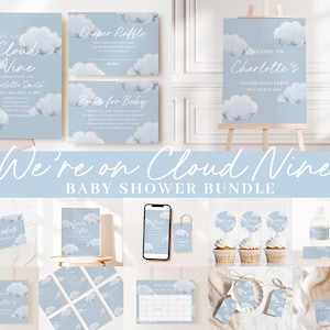 Editable On Cloud Nine Baby Shower Invitation Bundle, We are on Cloud Nine Baby Shower Bundle with Games and Baby Shower Decor CNBS001