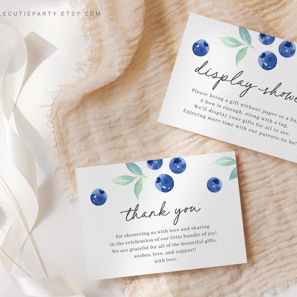 Editable Blueberry Thank you Card, Baby Shower Display Card for Sweet Berry Baby Shower Party BLUEBS001