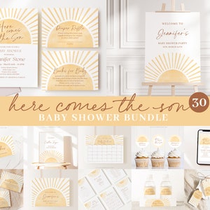May include: A baby shower invitation bundle with a sun theme. The bundle includes invitations, thank you cards, cupcake toppers, water bottle labels, and more. The color scheme is yellow, orange, and white.