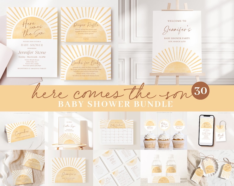May include: A baby shower invitation bundle with a sun theme. The bundle includes invitations, thank you cards, cupcake toppers, water bottle labels, and more. The color scheme is yellow, orange, and white.