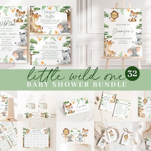 Paquete de safari editable, paquete de baby shower de safari, juego de invitaciones para baby shower Wild One con paquete de juegos y decoración SAFRBS001