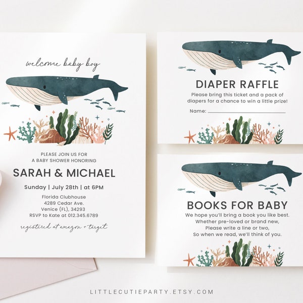 Editable Whale Baby Shower Invitation, Ocean Baby Shower Invitation, Under the Sea Baby Shower Invites Set for Whale Theme Party WHALBS001