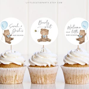 Editable Bearly Wait Boy Cake Topper, We Can Bearly Wait Blue Cupcake Toppers, Baby Shower Cake Topper for Bearly Wait Decor BRWBS002