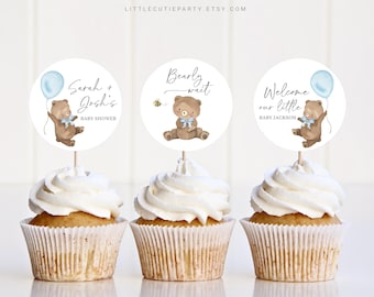 Editable Bearly Wait Boy Cake Topper, We Can Bearly Wait Blue Cupcake Toppers, Baby Shower Cake Topper for Bearly Wait Decor BRWBS002