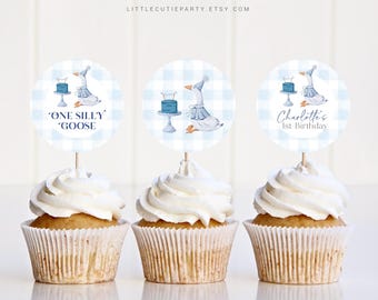 Adorno para tarta de ganso azul editable, adornos para cupcakes de baby shower de ganso, para decoraciones de baby shower de niño ganso GOSBD002