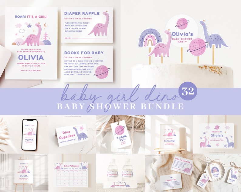 Editable Baby Girl Dinosaur Baby Shower Bundle, Pink Dinosaur Baby