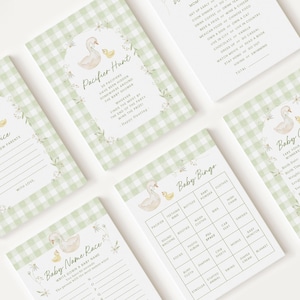May include: A set of printable baby shower game cards featuring a green and white gingham pattern with a watercolor illustration of a duck and duckling. The cards include games such as "Baby Bingo", "Baby Guess", "Pacifier Hunt", "Baby Name Race", and "Advice for the New Parents".