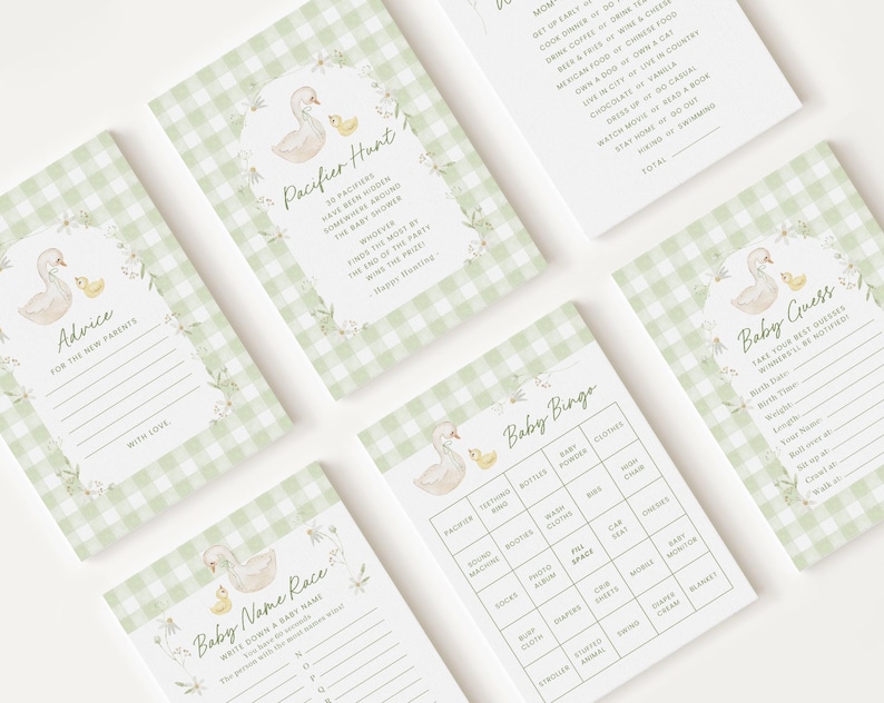 May include: A set of printable baby shower game cards featuring a green and white gingham pattern with a watercolor illustration of a duck and duckling. The cards include games such as "Baby Bingo", "Baby Guess", "Pacifier Hunt", "Baby Name Race", and "Advice for the New Parents".