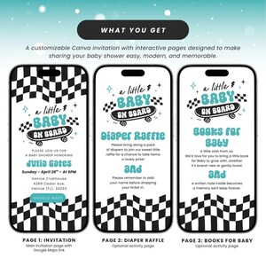 May include: Digital baby shower invitation template with three phone mockups. Each phone displays a different page: invitation, diaper raffle, and books for baby. The design features a black and white checkered pattern and teal accents.