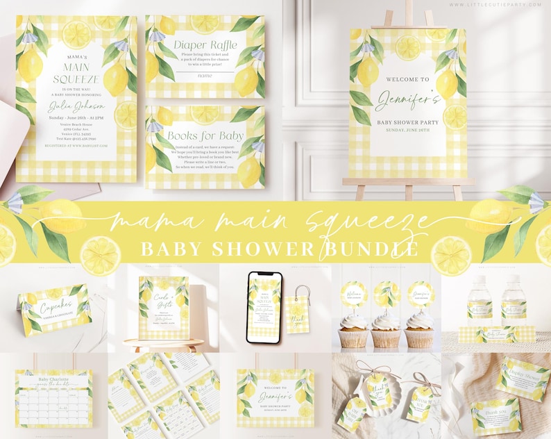 Redigerbart Mamas Main Squeeze Baby Shower-paket, Citron Baby Shower-paket med Main Squeeze Baby Shower-spel och dekor LMNBS003 bild 1