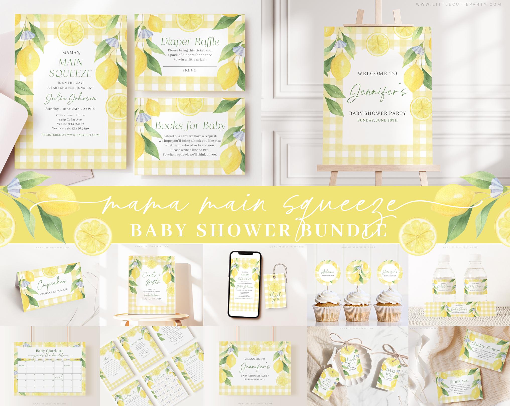 Editable Mamas Main Squeeze Baby Shower Bundle, Lemon Baby Shower Bundle with Main Squeeze Baby Shower Games and Decor LMNBS003