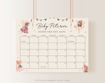 May include: A baby shower calendar with the text "Baby Peterson Guess the Due Date." The calendar features illustrations of fairies and a banner. The calendar grid spans August and September, with dates and days of the week.