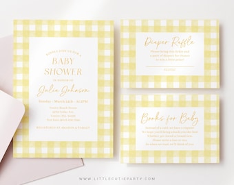 Bearbeitbares Gelbes Gingham-Babypartyeinladungs-Set (Digital) YGHBS001
