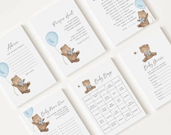 May include: A set of printable baby shower game cards featuring a brown bear with a blue bow tie and a blue balloon. The cards include games like "Baby Bingo", "Baby Guess", "Baby Name Race", "Pacifier Hunt", and "Advice for the New Parents".