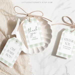 Edytowalny Sage Green Gingham Favor, etykieta na podziękowania, etykiety z podziękowaniami, etykieta na prezent do dekoracji Sage Green Baby Shower GGHBS001