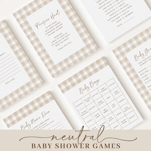 K&ouml;nnte beinhalten: Ein Satz druckbarer Babyparty-Spiele mit einem neutralen beige-braunen Gingham-Muster. Die Spiele beinhalten "Baby Name Race", "Baby Bingo", "Baby Guess", "Ratschl&auml;ge f&uuml;r die neuen Eltern" und "Schnullerjagd".
