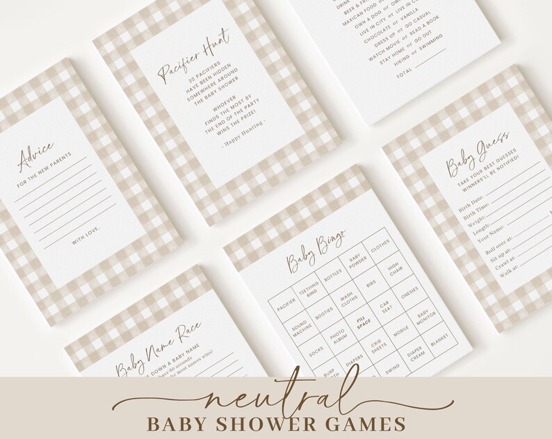 K&ouml;nnte beinhalten: Ein Satz druckbarer Babyparty-Spiele mit einem neutralen beige-braunen Gingham-Muster. Die Spiele beinhalten "Baby Name Race", "Baby Bingo", "Baby Guess", "Ratschl&auml;ge f&uuml;r die neuen Eltern" und "Schnullerjagd".