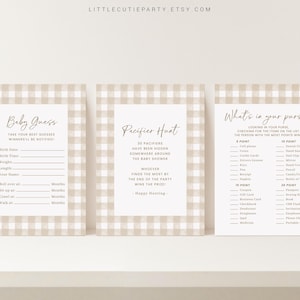 May include: Three printable baby shower game cards with a brown and white gingham pattern. The first card is a baby guess game with prompts for birth date, birth time, weight, length, roll over, sit up, crawl, and walk. The second card is a pacifier hunt game with instructions to find the most pacifiers hidden around the baby shower. The third card is a what's in your purse game with a list of items and points assigned to each item.