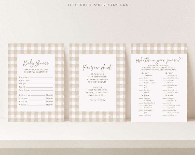 May include: Three printable baby shower game cards with a brown and white gingham pattern. The first card is a baby guess game with prompts for birth date, birth time, weight, length, roll over, sit up, crawl, and walk. The second card is a pacifier hunt game with instructions to find the most pacifiers hidden around the baby shower. The third card is a what's in your purse game with a list of items and points assigned to each item.